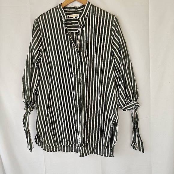 Ann Mashburn Quarter Button Up 3/4 Tie Sleeve Striped Shirt Size Medium Women's - Picture 1 of 10